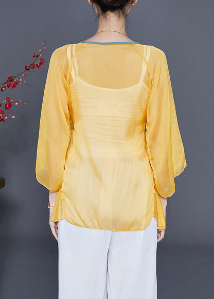 Chic Yellow Lace Up Hollow Out Chiffon Blouses Bracelet Sleeve LY3685 - fabuloryshop