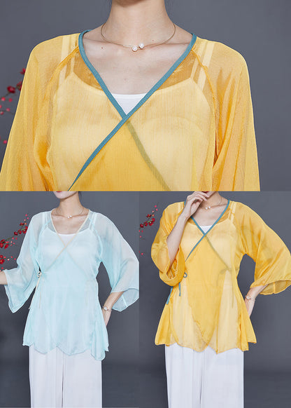 Chic Yellow Lace Up Hollow Out Chiffon Blouses Bracelet Sleeve LY3685 - fabuloryshop