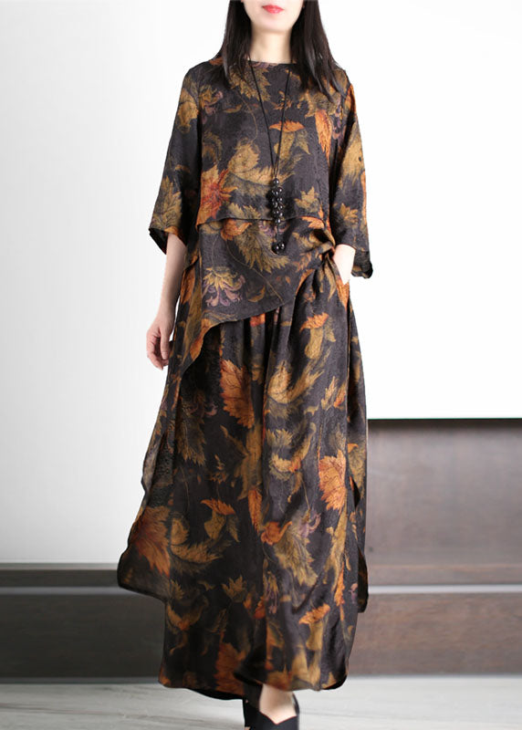 Chic Yellow O-Neck Wrinkled Print Asymmetrical Patchwork Silk Two Pieces Set Summer LY5160 - fabuloryshop