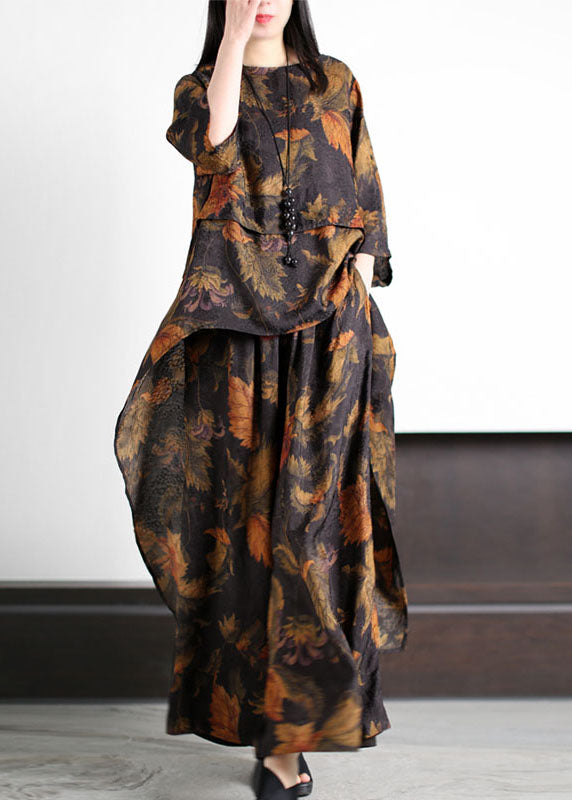 Chic Yellow O-Neck Wrinkled Print Asymmetrical Patchwork Silk Two Pieces Set Summer LY5160 - fabuloryshop