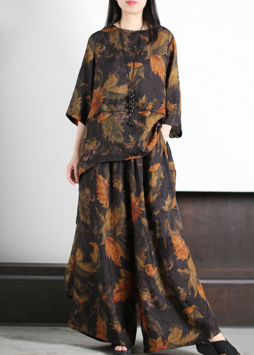 Chic Yellow O-Neck Wrinkled Print Asymmetrical Patchwork Silk Two Pieces Set Summer LY5160 - fabuloryshop