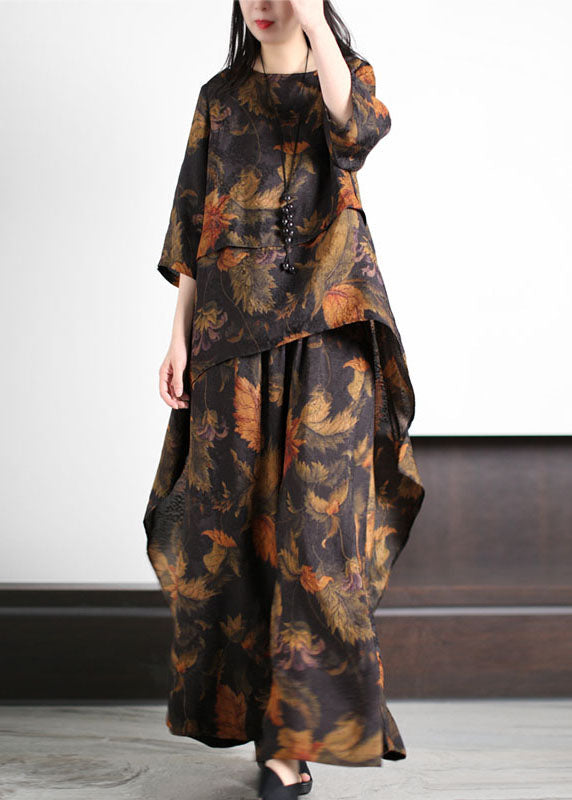 Chic Yellow O-Neck Wrinkled Print Asymmetrical Patchwork Silk Two Pieces Set Summer LY5160 - fabuloryshop