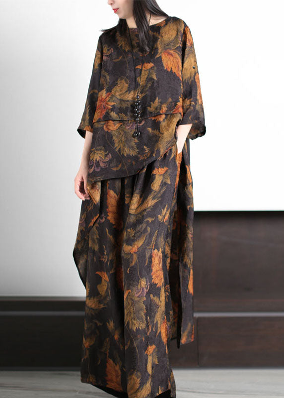 Chic Yellow O-Neck Wrinkled Print Asymmetrical Patchwork Silk Two Pieces Set Summer LY5160 - fabuloryshop