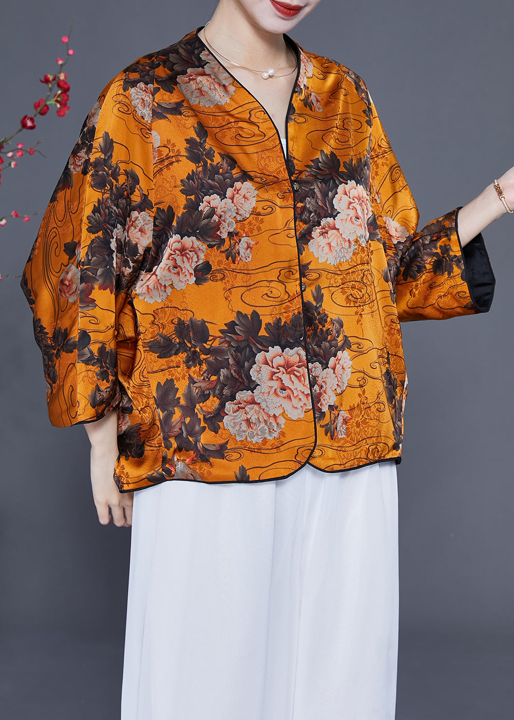 Chic Yellow Oversized Floral Print Silk Tops Bracelet Sleeve LY2364 - fabuloryshop