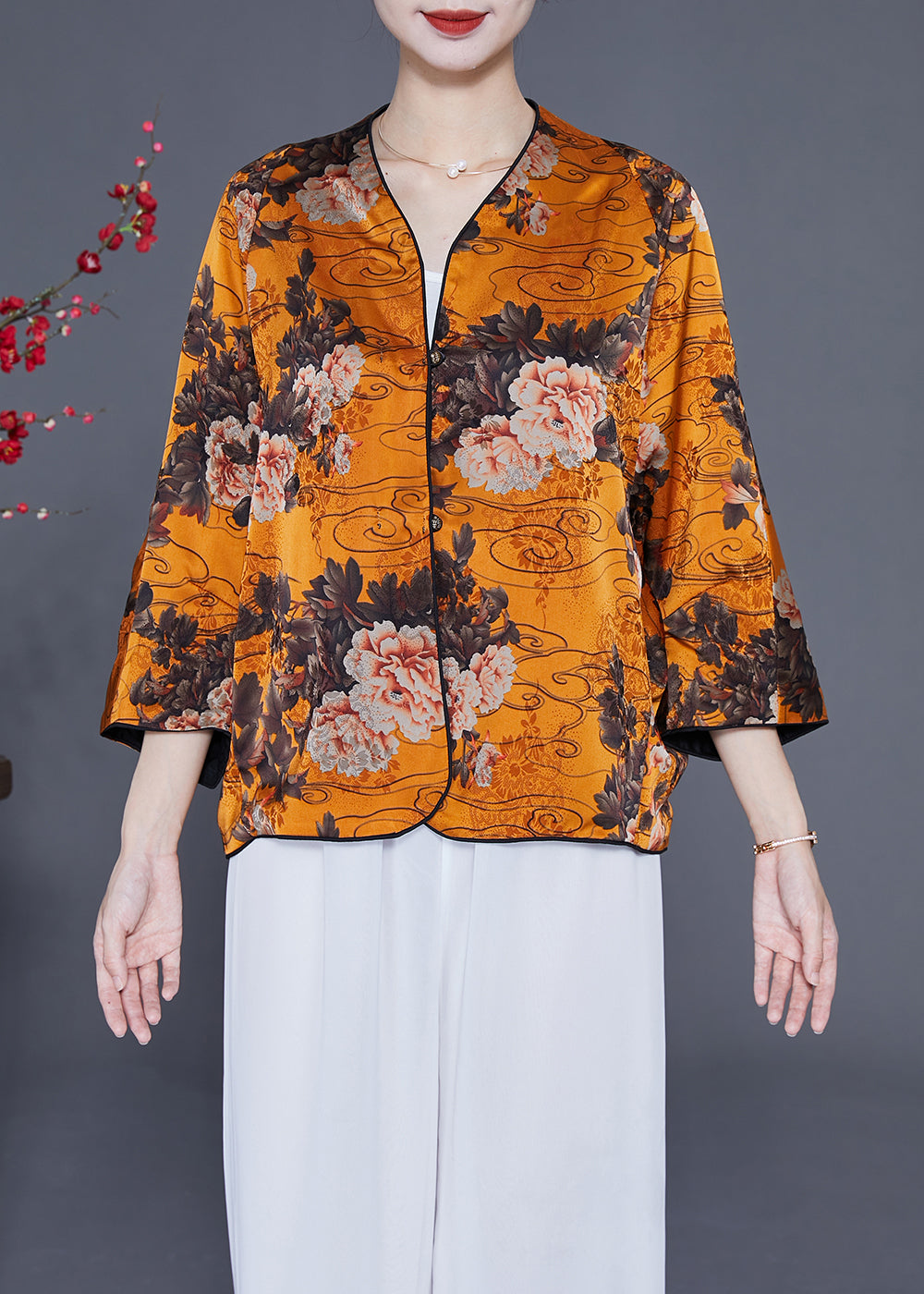 Chic Yellow Oversized Floral Print Silk Tops Bracelet Sleeve LY2364 - fabuloryshop