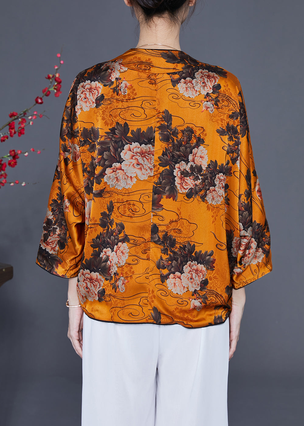 Chic Yellow Oversized Floral Print Silk Tops Bracelet Sleeve LY2364 - fabuloryshop