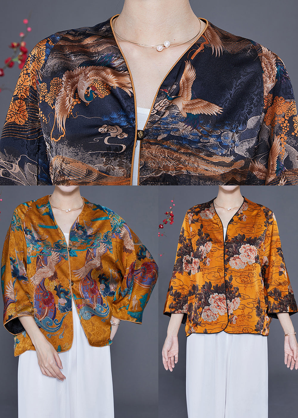 Chic Yellow Oversized Floral Print Silk Tops Bracelet Sleeve LY2364 - fabuloryshop
