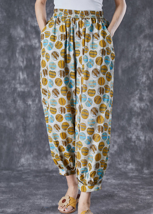 Chic Yellow Oversized Print Pockets Linen Silk Pants Summer Ada Fashion