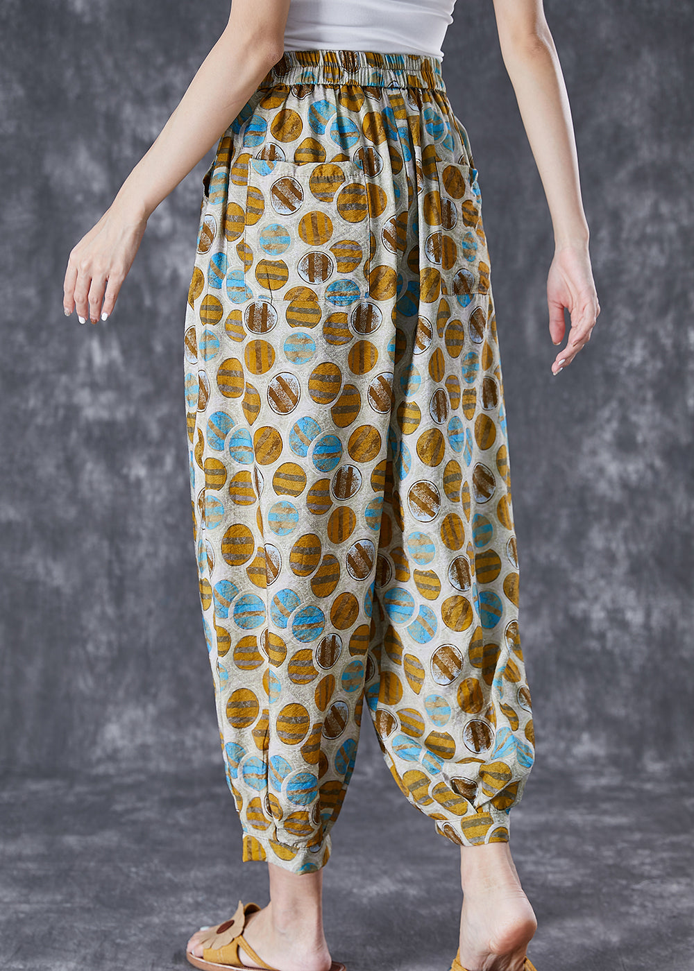 Chic Yellow Oversized Print Pockets Linen Silk Pants Summer Ada Fashion