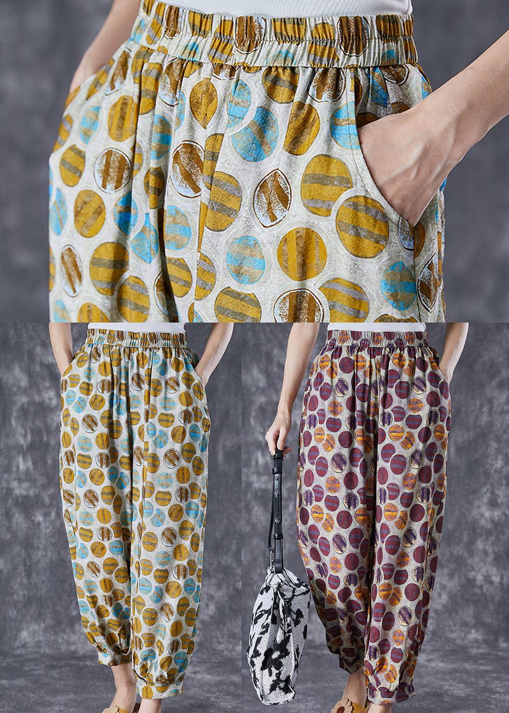 Chic Yellow Oversized Print Pockets Linen Silk Pants Summer Ada Fashion