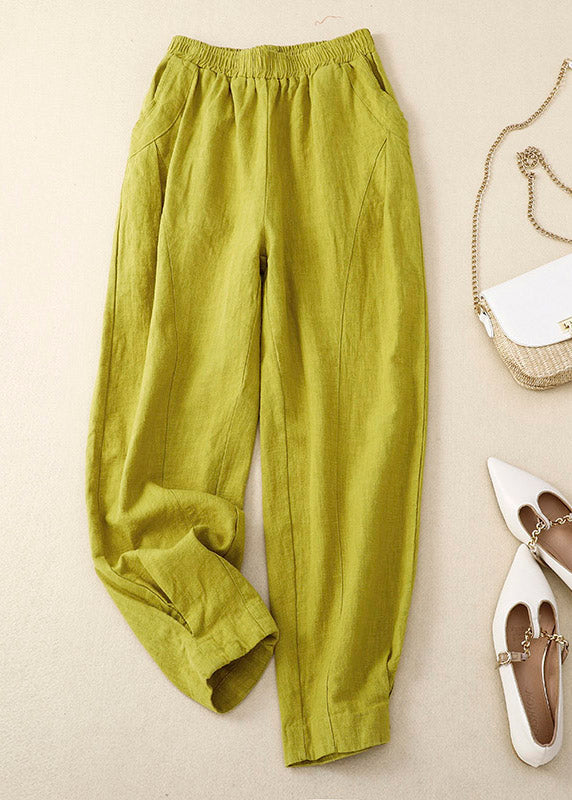 Chic Yellow Patchwork Elastic Waist Solid Linen Wide Leg Pants Summer LY4469 - fabuloryshop