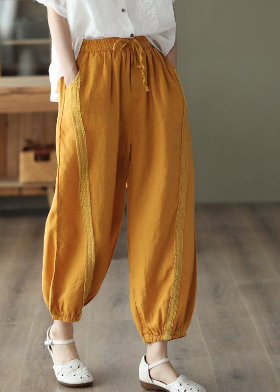 Chic Yellow Pockets Patchwork Linen Harem Pants Summer LY0228 - fabuloryshop