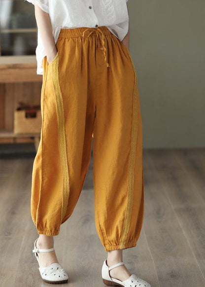 Chic Yellow Pockets Patchwork Linen Harem Pants Summer LY0228 - fabuloryshop