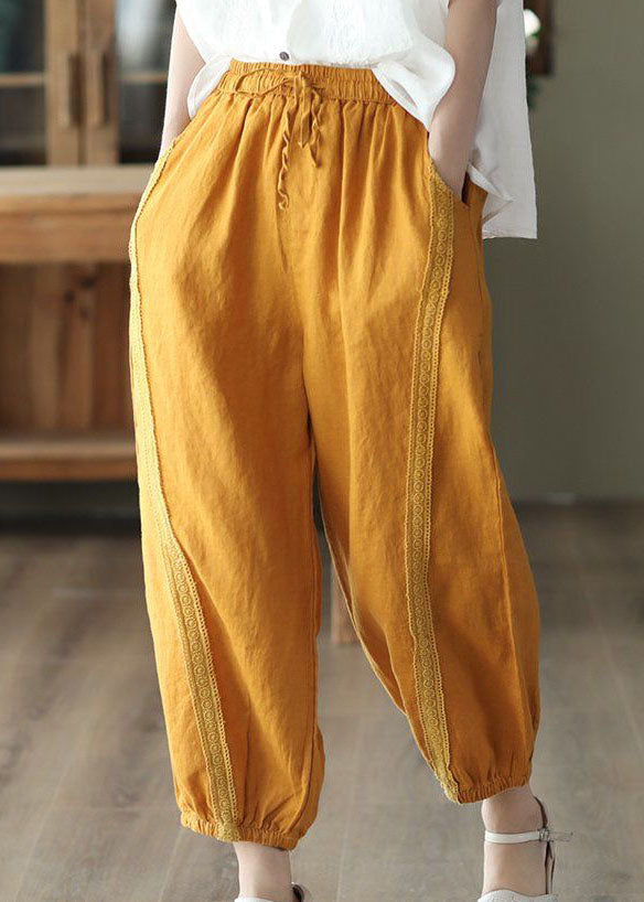 Chic Yellow Pockets Patchwork Linen Harem Pants Summer LY0228 - fabuloryshop