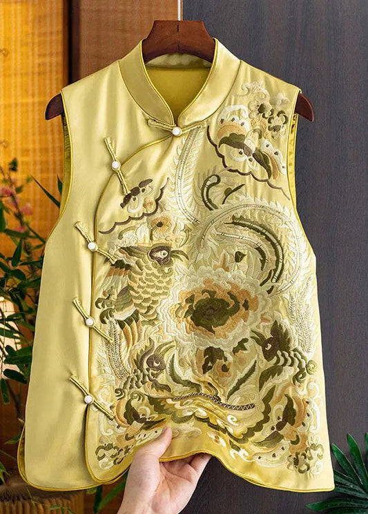 Chic Yellow Stand Collar Embroideried Side Open Silk Waistcoat Fall Ada Fashion