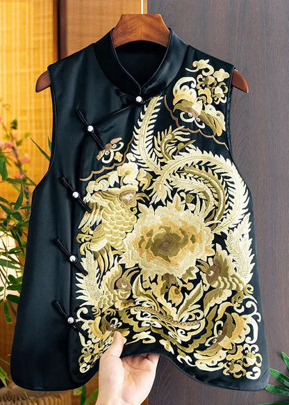 Chic Yellow Stand Collar Embroideried Side Open Silk Waistcoat Fall Ada Fashion