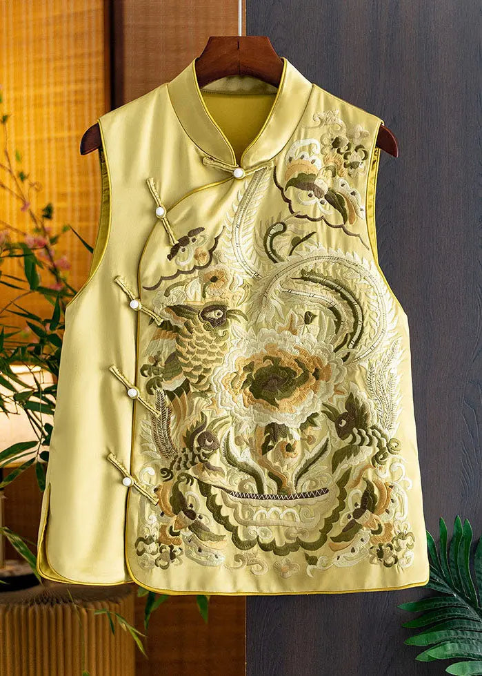 Chic Yellow Stand Collar Embroideried Side Open Silk Waistcoat Fall Ada Fashion