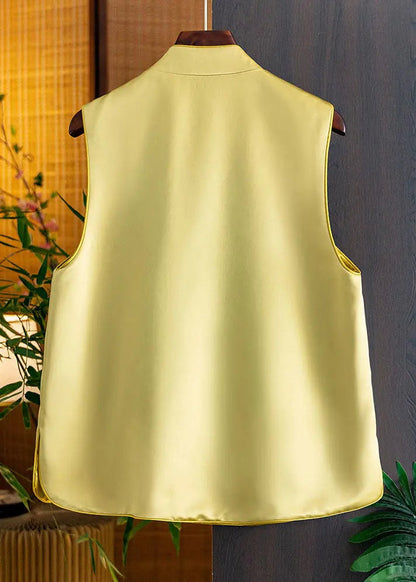 Chic Yellow Stand Collar Embroideried Side Open Silk Waistcoat Fall Ada Fashion