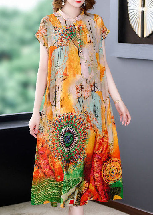 Chic Yellow Stand Collar Print Patchwork Silk Dress Summer LY4586 - fabuloryshop