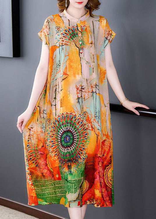 Chic Yellow Stand Collar Print Patchwork Silk Dress Summer LY4586 - fabuloryshop