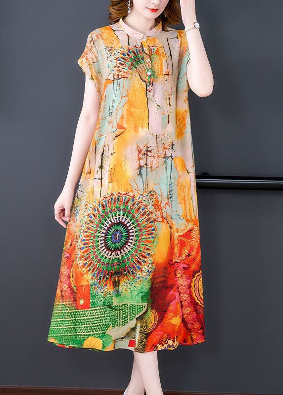 Chic Yellow Stand Collar Print Patchwork Silk Dress Summer LY4586 - fabuloryshop