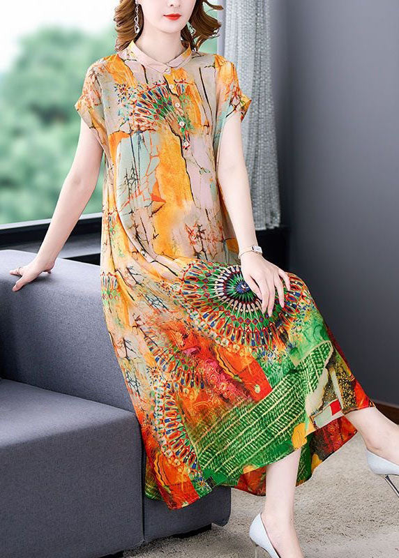 Chic Yellow Stand Collar Print Patchwork Silk Dress Summer LY4586 - fabuloryshop