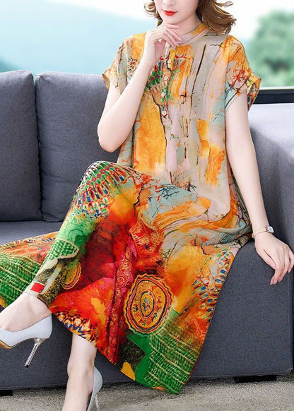 Chic Yellow Stand Collar Print Patchwork Silk Dress Summer LY4586 - fabuloryshop