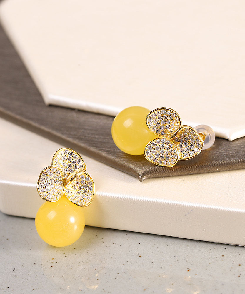 Chic Yellow Sterling Silver Overgild Beeswax Floral Stud Earrings Ada Fashion