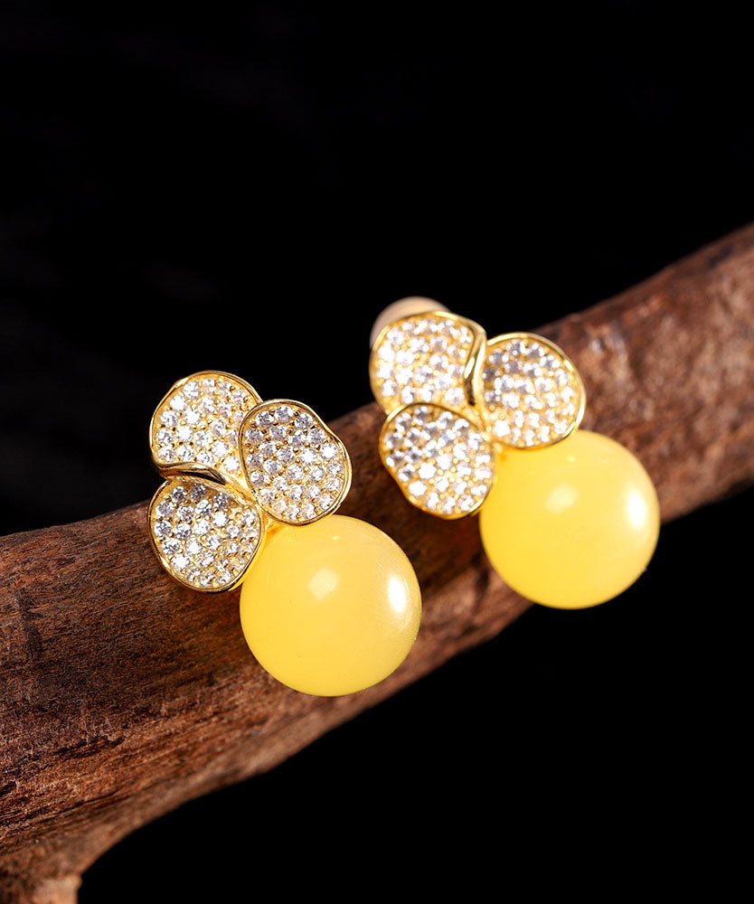 Chic Yellow Sterling Silver Overgild Beeswax Floral Stud Earrings Ada Fashion