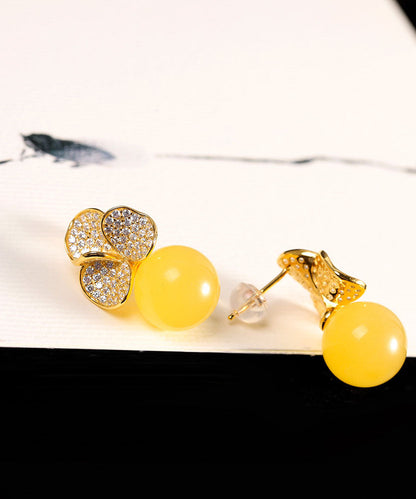 Chic Yellow Sterling Silver Overgild Beeswax Floral Stud Earrings Ada Fashion