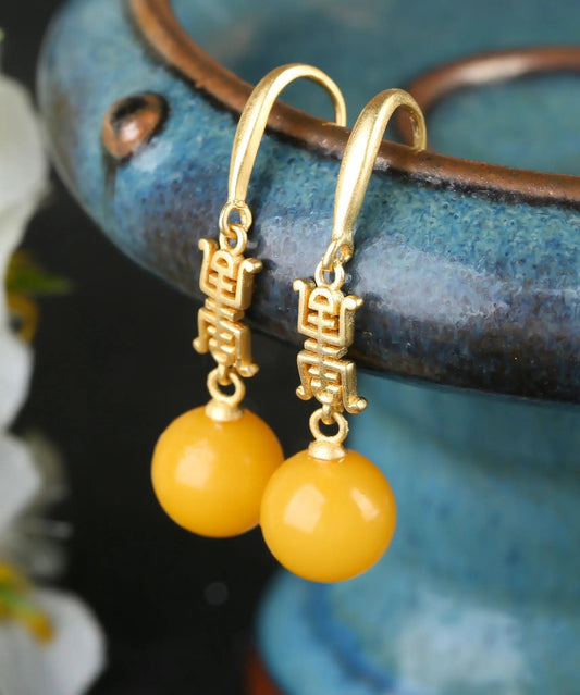 Chic Yellow Sterling Silver Overgild Inlaid Spheroidal Beeswax Drop Earrings Ada Fashion
