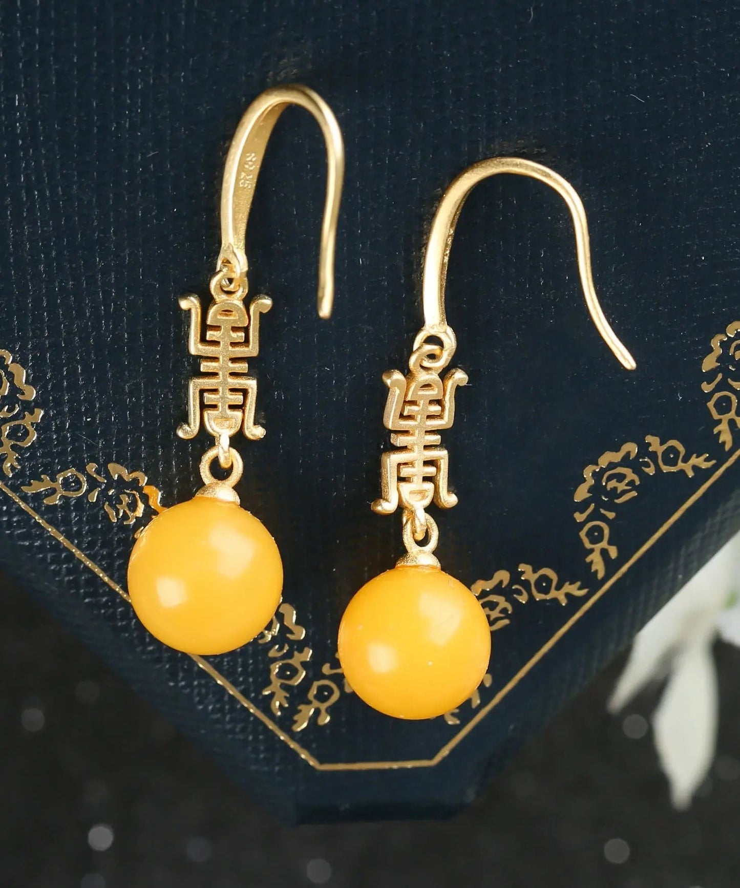 Chic Yellow Sterling Silver Overgild Inlaid Spheroidal Beeswax Drop Earrings Ada Fashion