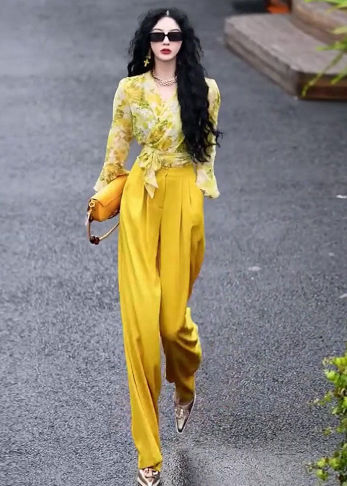 Chic Yellow V Neck Print Chiffon Shirts And Wide Leg Pants Two Pieces Set Fall Ada Fashion