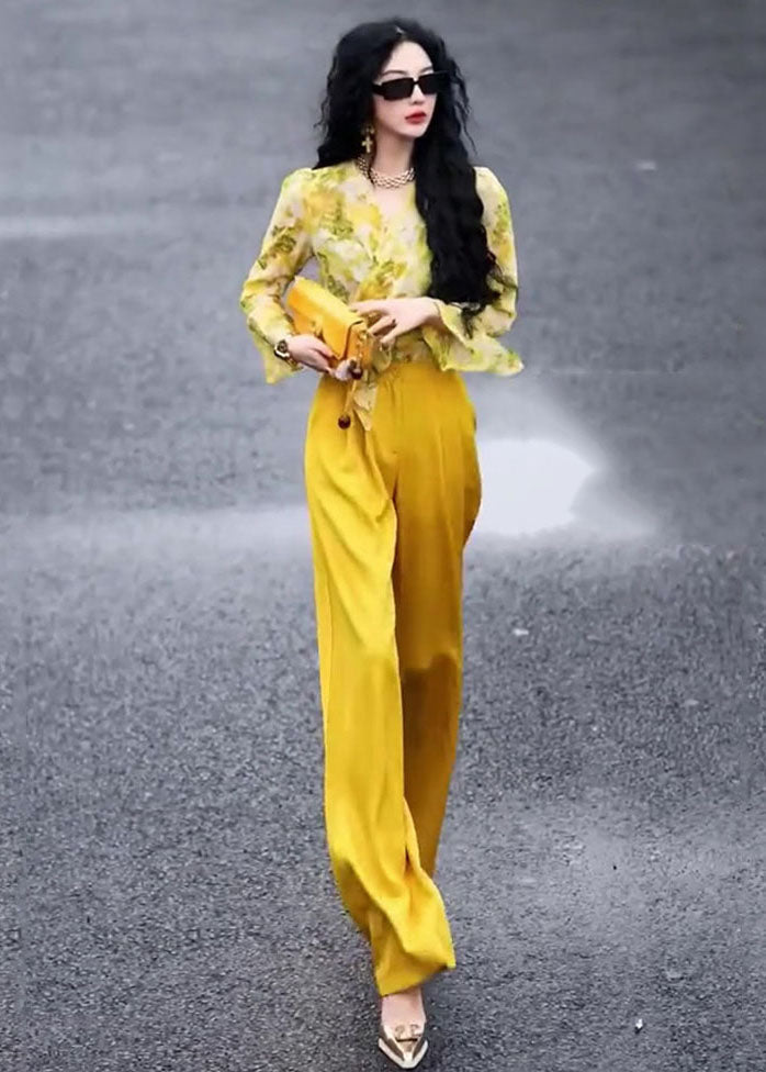 Chic Yellow V Neck Print Chiffon Shirts And Wide Leg Pants Two Pieces Set Fall Ada Fashion