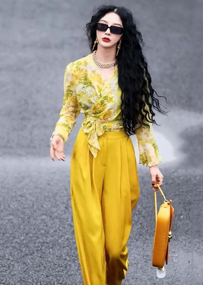 Chic Yellow V Neck Print Chiffon Shirts And Wide Leg Pants Two Pieces Set Fall Ada Fashion