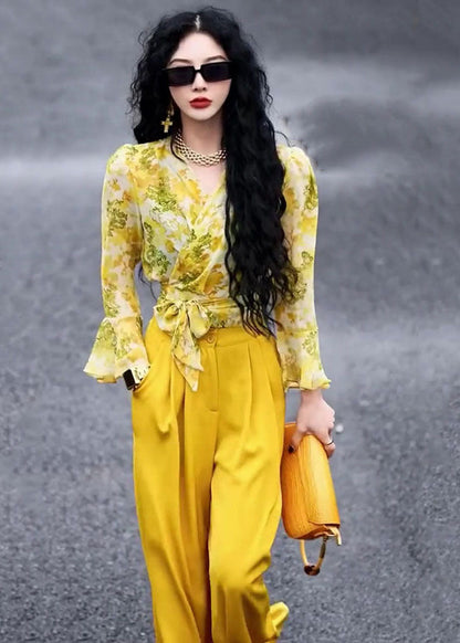 Chic Yellow V Neck Print Chiffon Shirts And Wide Leg Pants Two Pieces Set Fall Ada Fashion