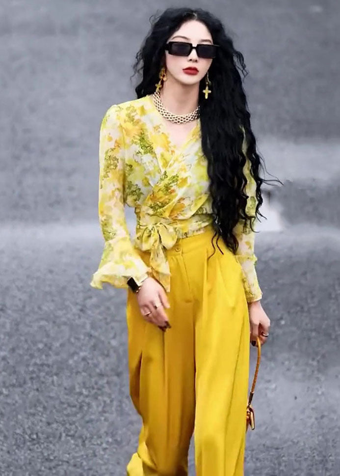 Chic Yellow V Neck Print Chiffon Shirts And Wide Leg Pants Two Pieces Set Fall Ada Fashion