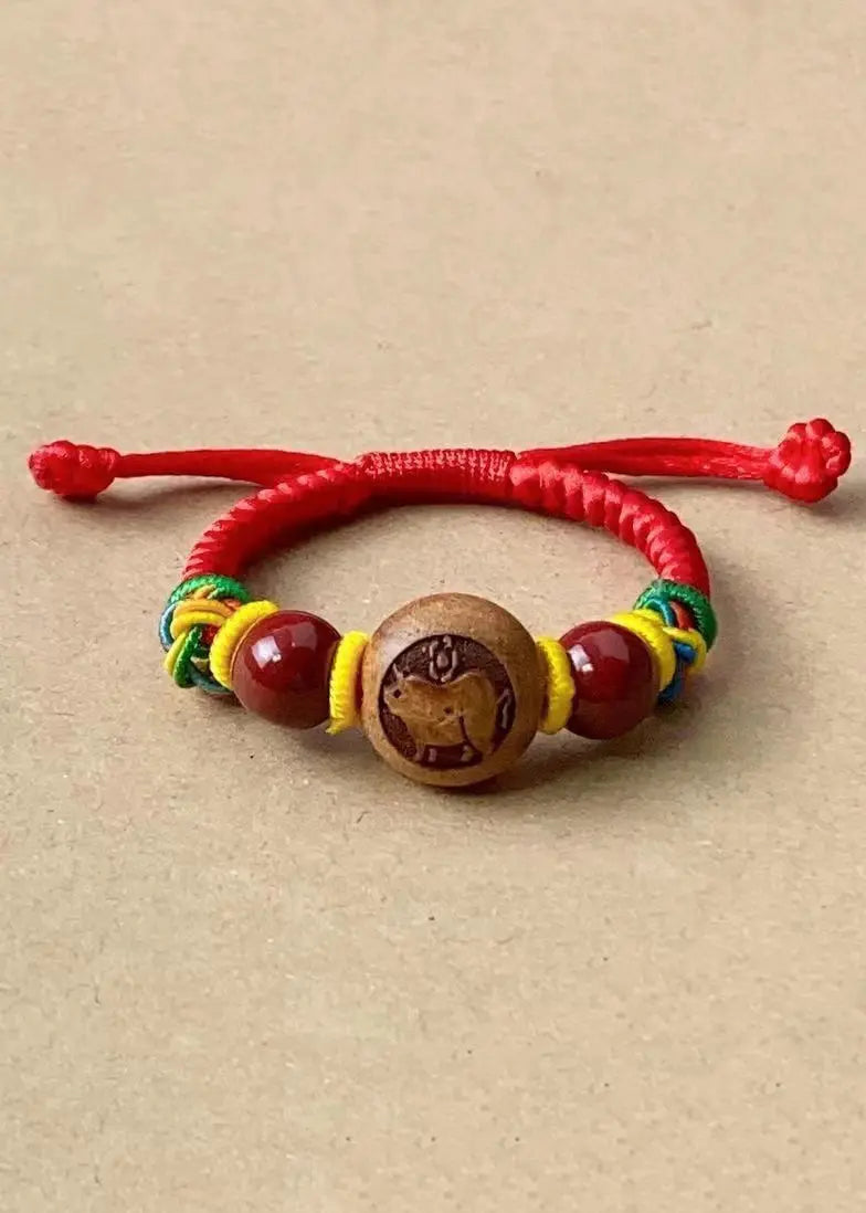 Children Cinnabar Peach Wood Zodiac Hand Woven Bracelet Ada Fashion