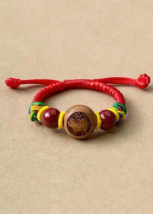 Children Cinnabar Peach Wood Zodiac Hand Woven Bracelet Ada Fashion