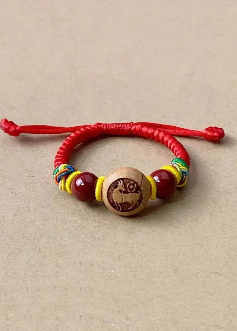 Children Cinnabar Peach Wood Zodiac Hand Woven Bracelet Ada Fashion
