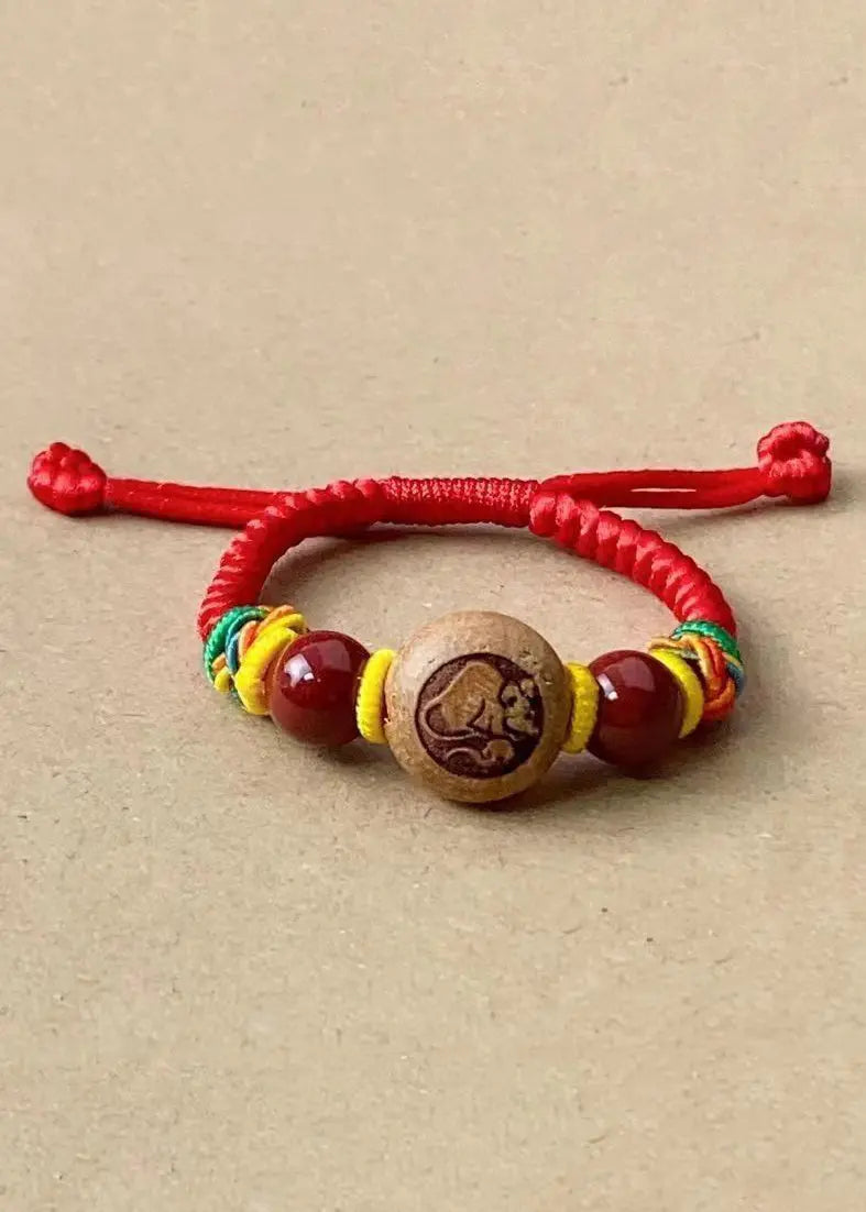 Children Cinnabar Peach Wood Zodiac Hand Woven Bracelet Ada Fashion