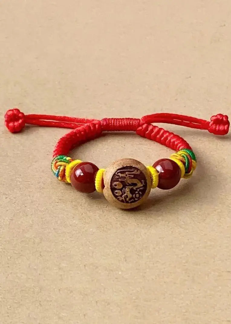 Children Cinnabar Peach Wood Zodiac Hand Woven Bracelet Ada Fashion