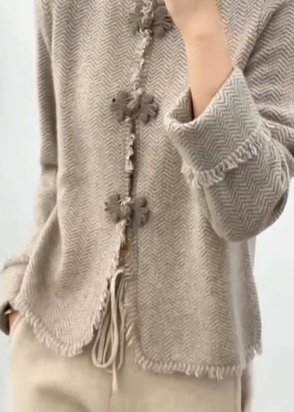 Chinese Light Camel Grey Stand Collar Button Knit Coats Long Sleeve Ada Fashion