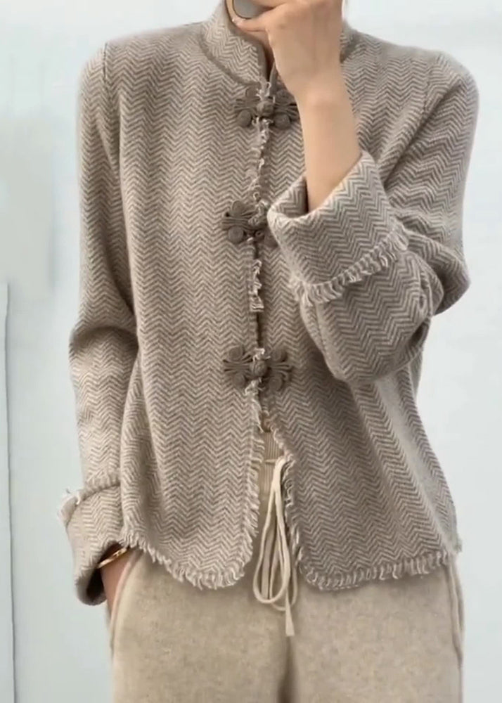 Chinese Light Camel Grey Stand Collar Button Knit Coats Long Sleeve Ada Fashion