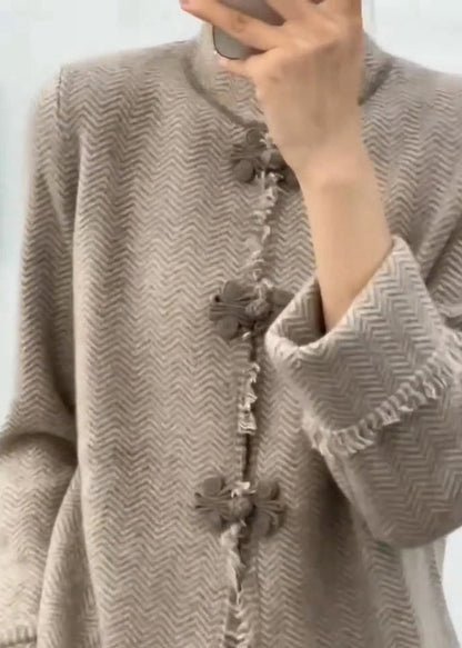 Chinese Light Camel Grey Stand Collar Button Knit Coats Long Sleeve Ada Fashion