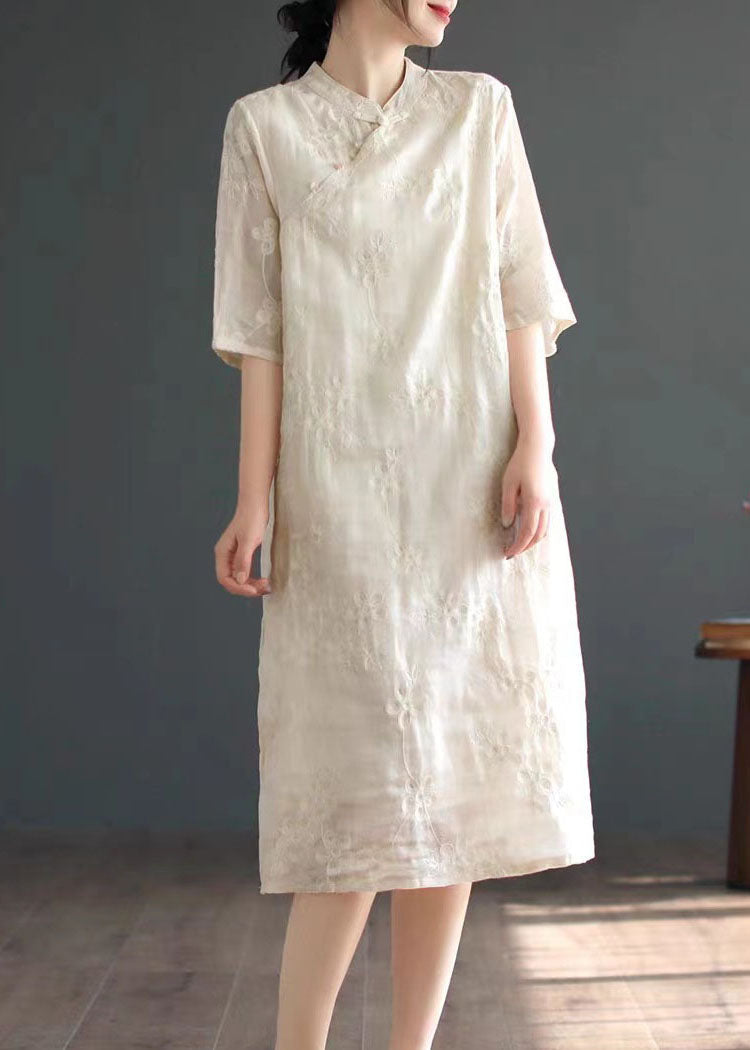 Chinese Style Apricot Embroideried Button Patchwork Linen Dress Summer LY5098 - fabuloryshop