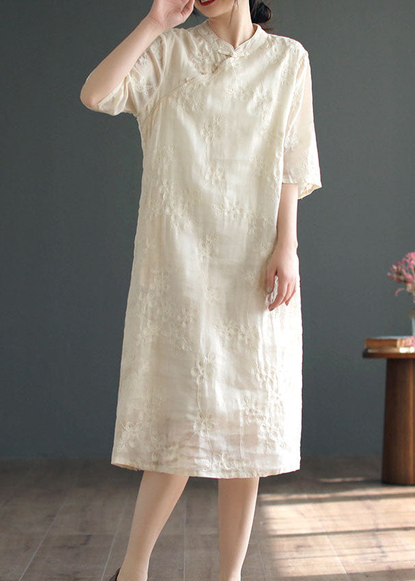 Chinese Style Apricot Embroideried Button Patchwork Linen Dress Summer LY5098 - fabuloryshop