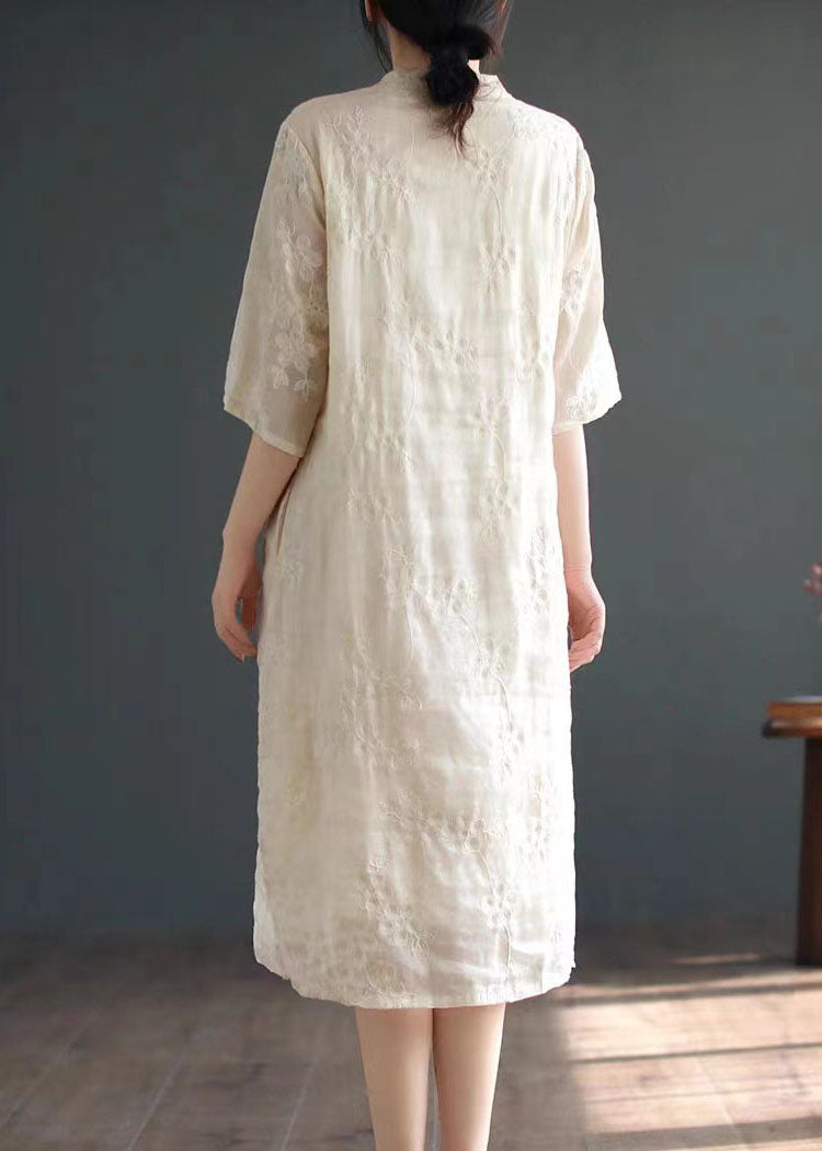 Chinese Style Apricot Embroideried Button Patchwork Linen Dress Summer LY5098 - fabuloryshop