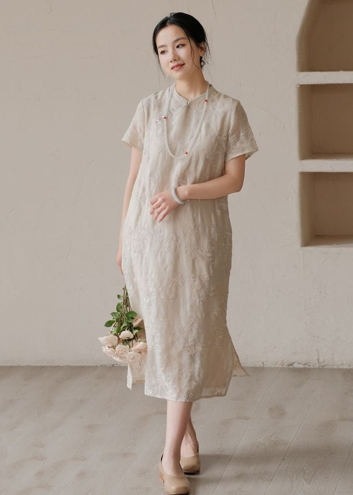 Chinese Style Apricot Embroideried Patchwork Linen Dress Summer LY2543 - fabuloryshop