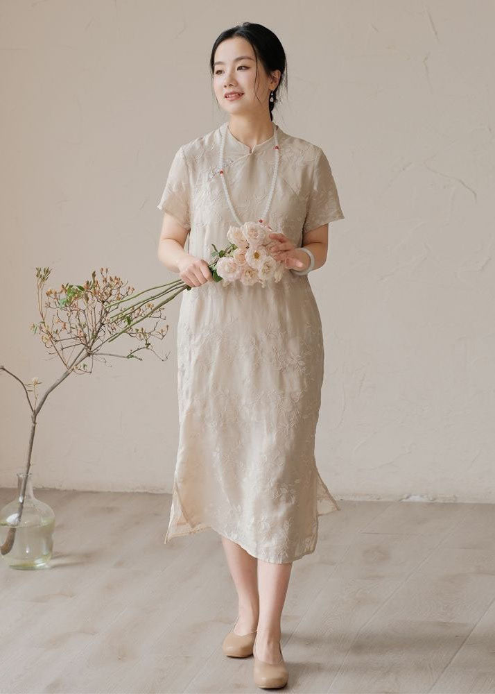 Chinese Style Apricot Embroideried Patchwork Linen Dress Summer LY2543